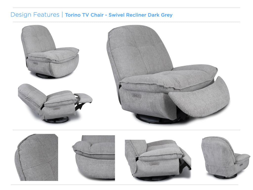 Torino Electric Reclining Swivel Armchair - Dark Grey Fusion