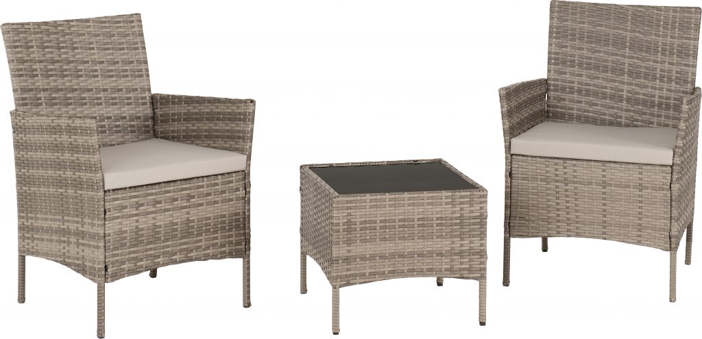 Outdoor furniture set with two chairs and a table on a white background