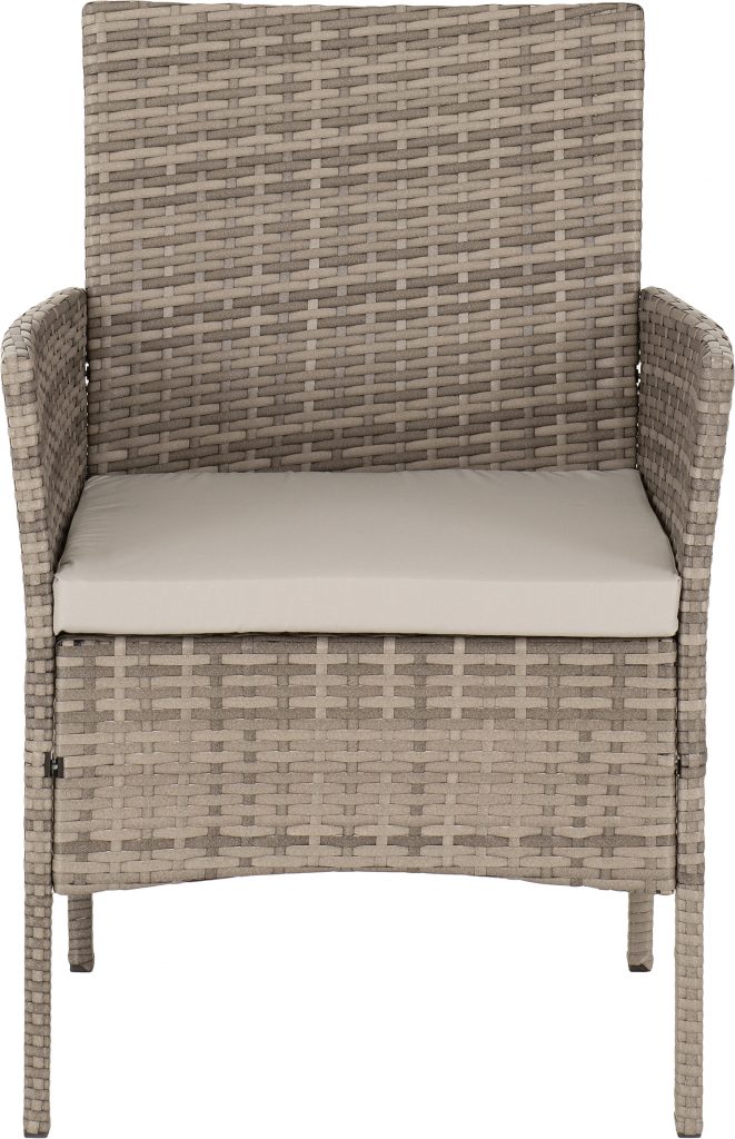 Wicker chair with beige cushion on a white background