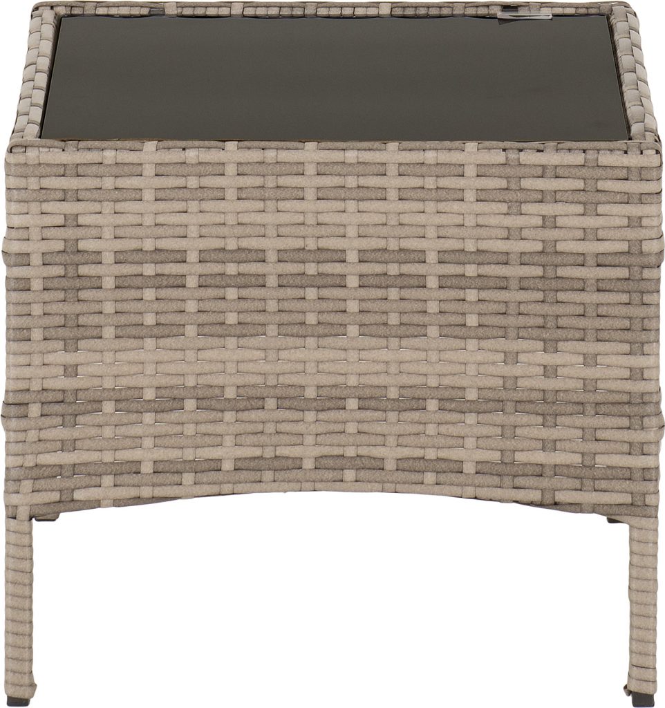 Rattan outdoor table with a dark glass top on a white background