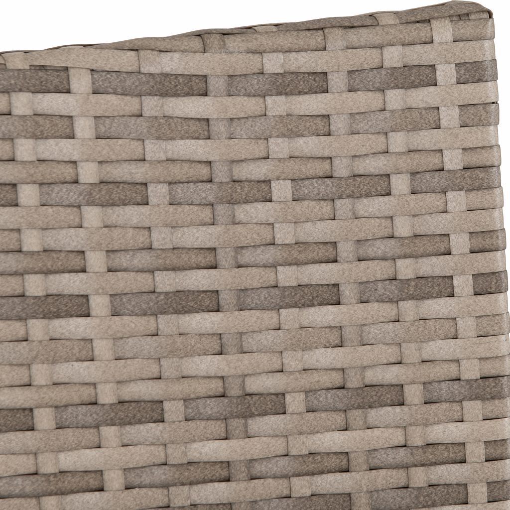 Close-up of a rattan chair with a brick pattern in neutral colors.