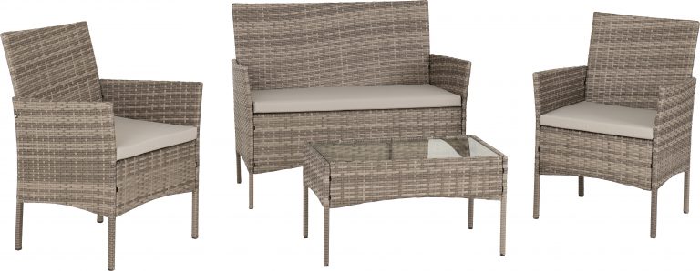 Outdoor furniture set with wicker chairs and a table on a white background
