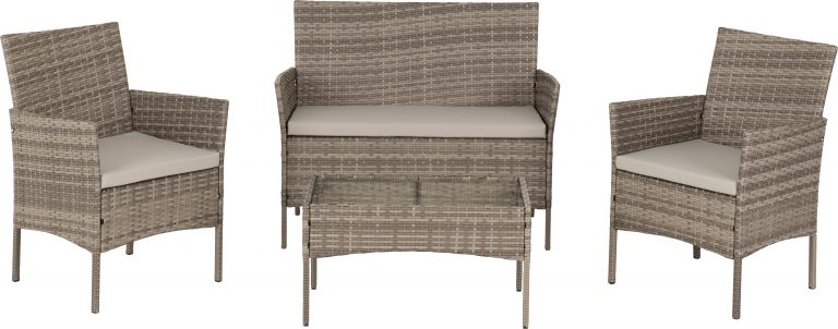Outdoor furniture set with wicker chairs and a table on a white background