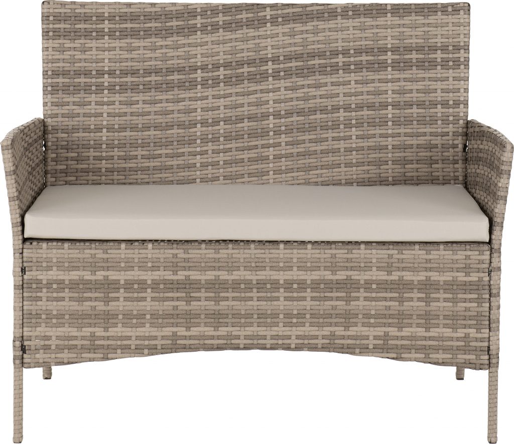 Wicker outdoor sofa with a beige cushion on a white background