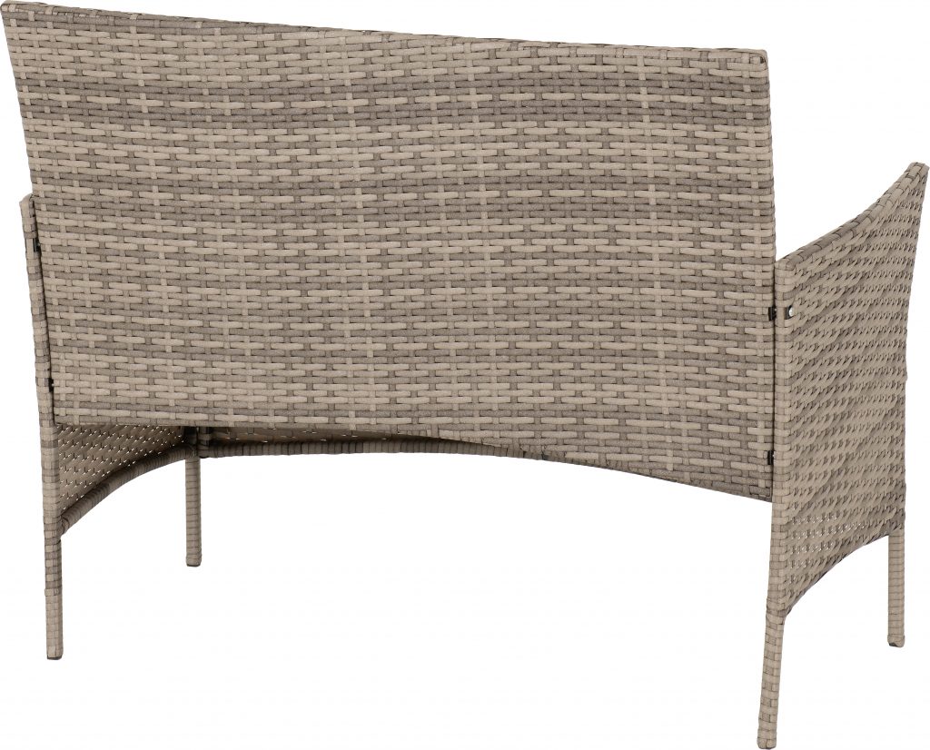 Wicker outdoor bench with a neutral color on a white background