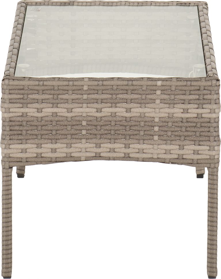 Wicker side table with glass top on a white background
