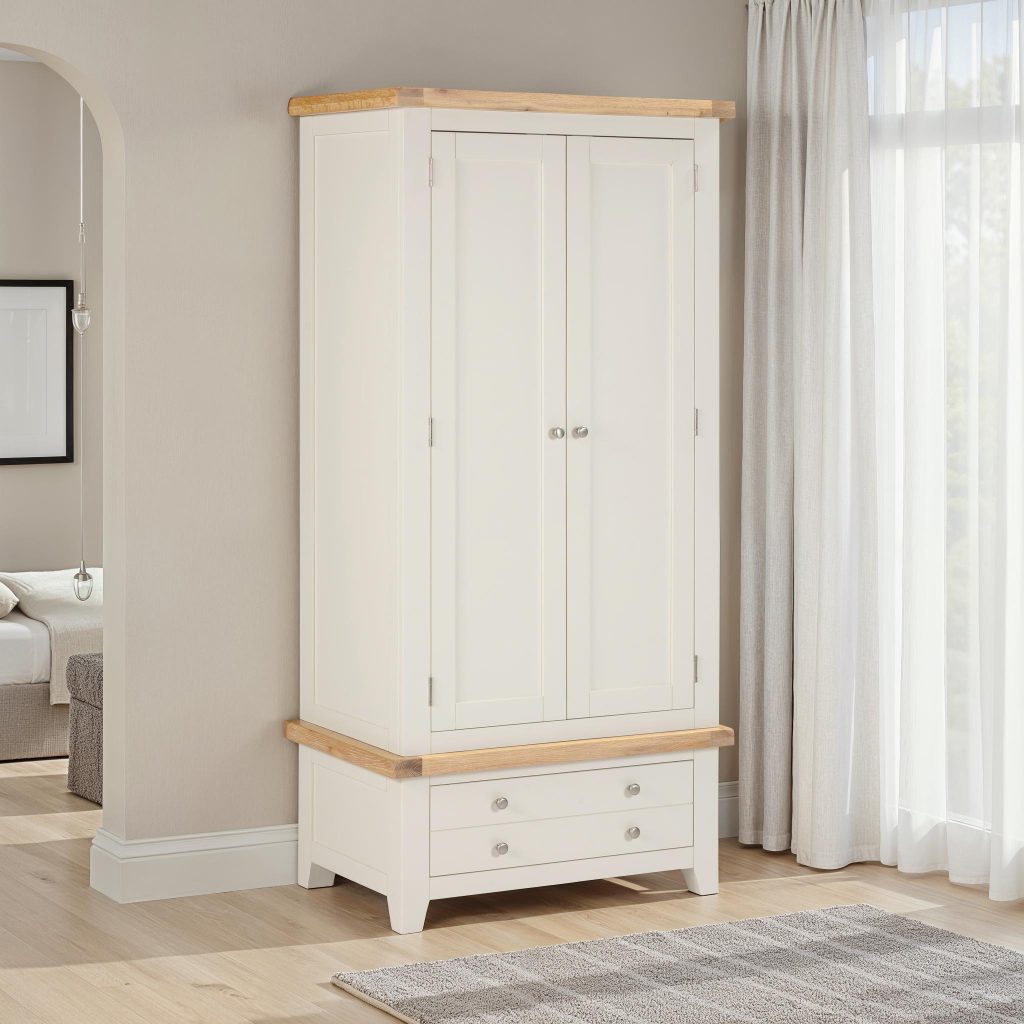 Windsor 2 Door 1 Drawer Wardrobe - Ivory/Oak