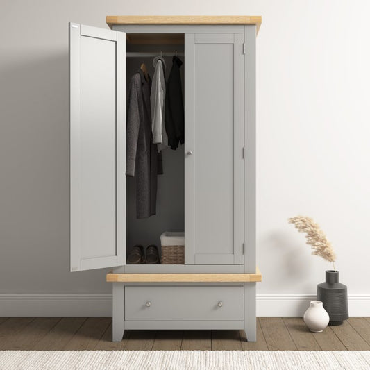 Windsor 2 Door 1 Drawer Wardrobe – Pebble Grey/Oak