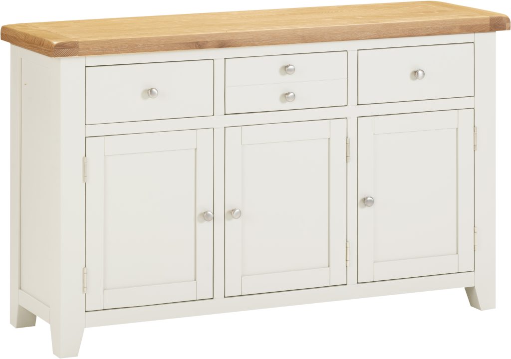 Ivory sideboard with wooden top on a white background