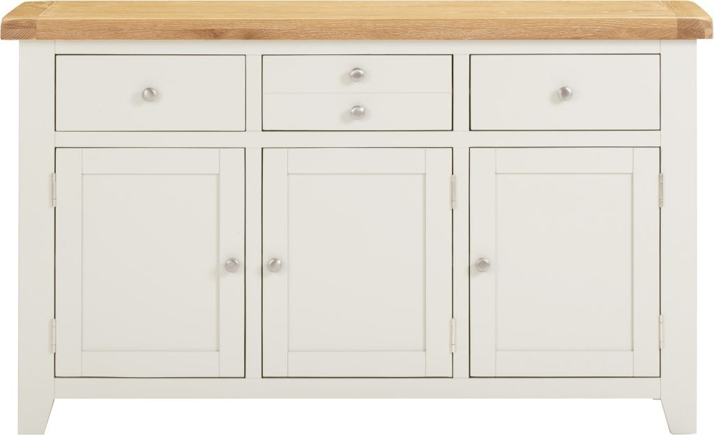 Ivory sideboard with wooden top on a white background
