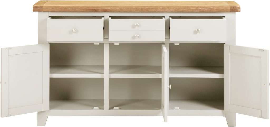 Ivory sideboard with wooden top and open doors on a white background