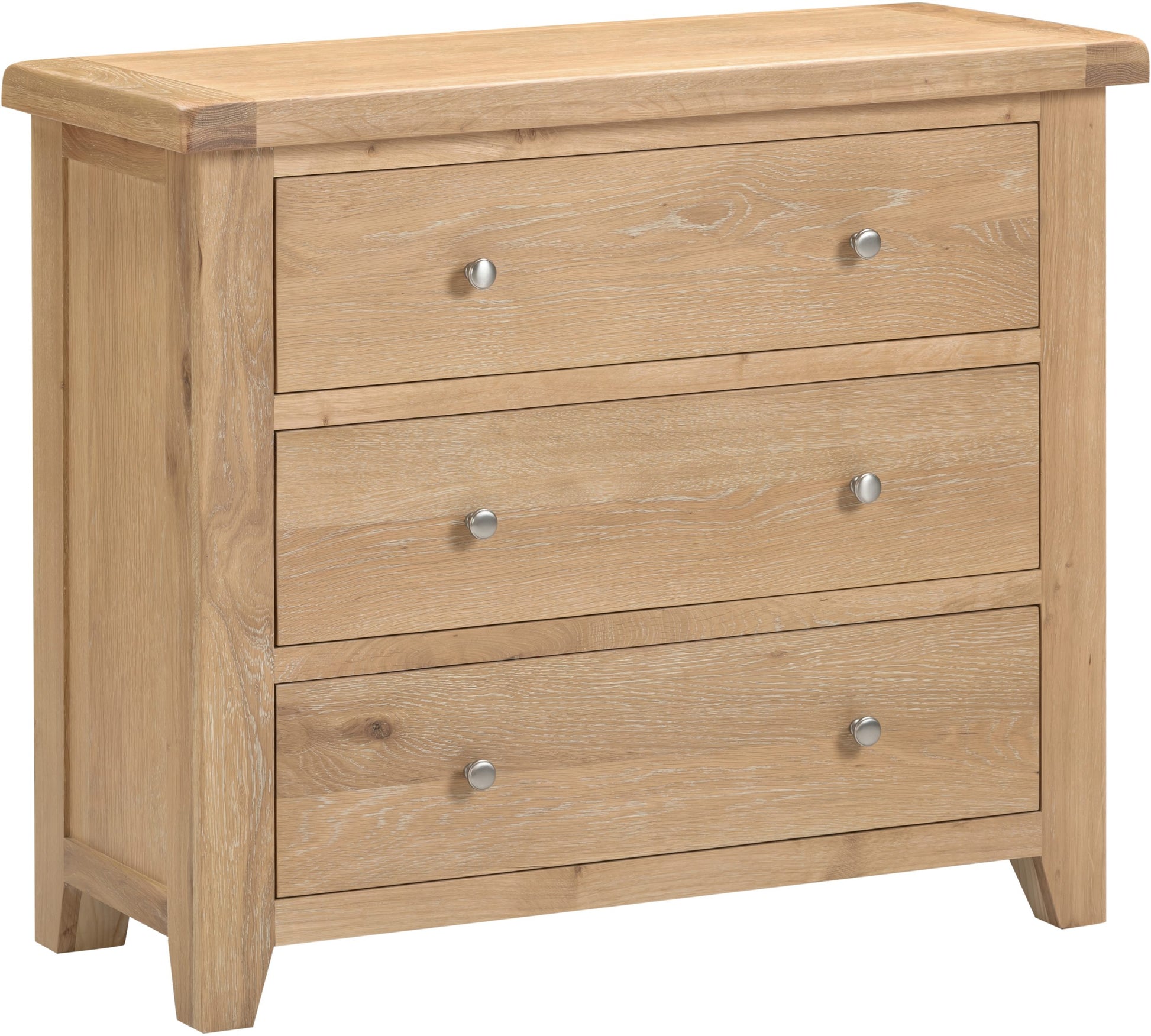 Wooden dresser with three drawers on a white background