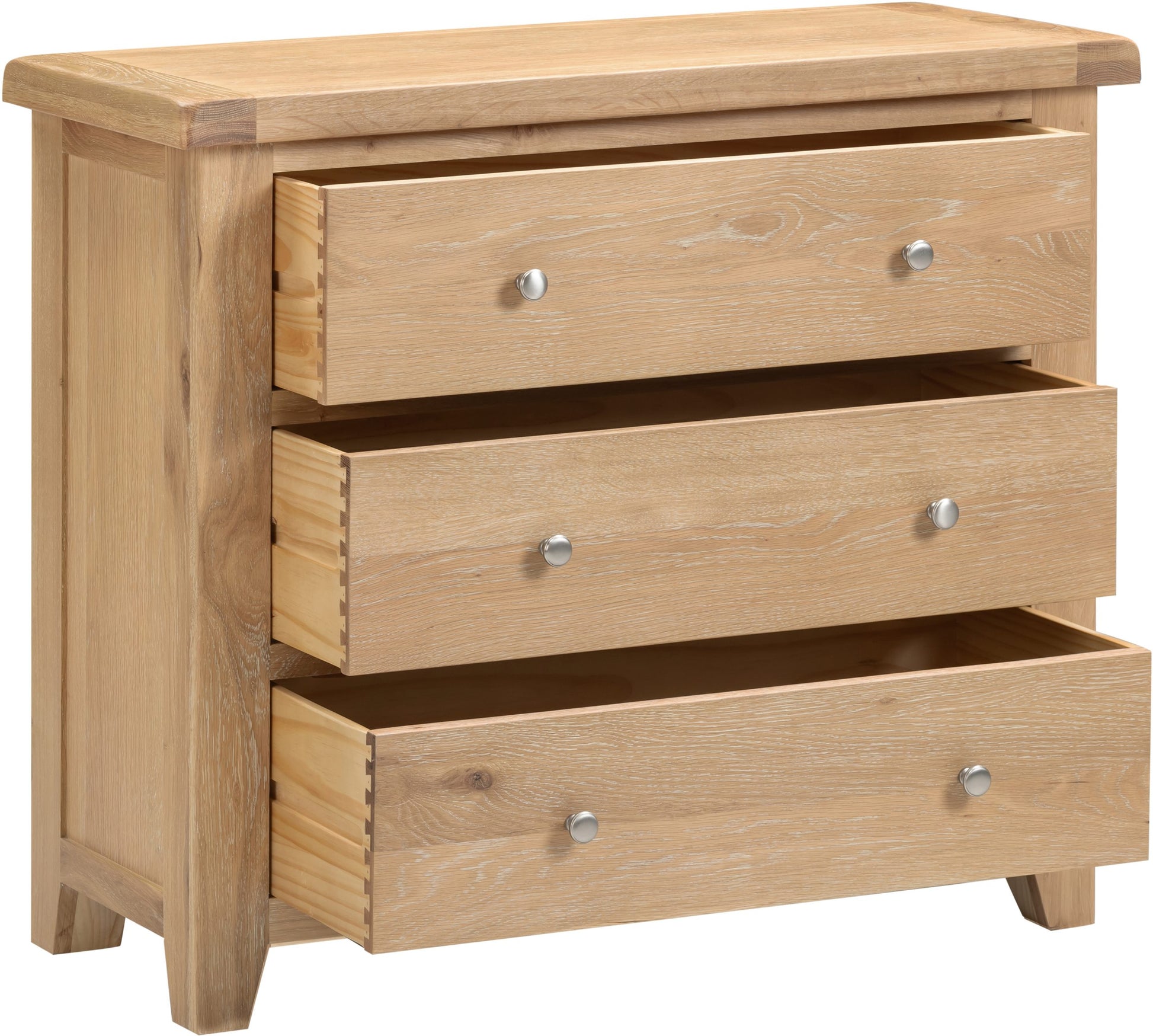 Wooden dresser with three drawers on a white background
