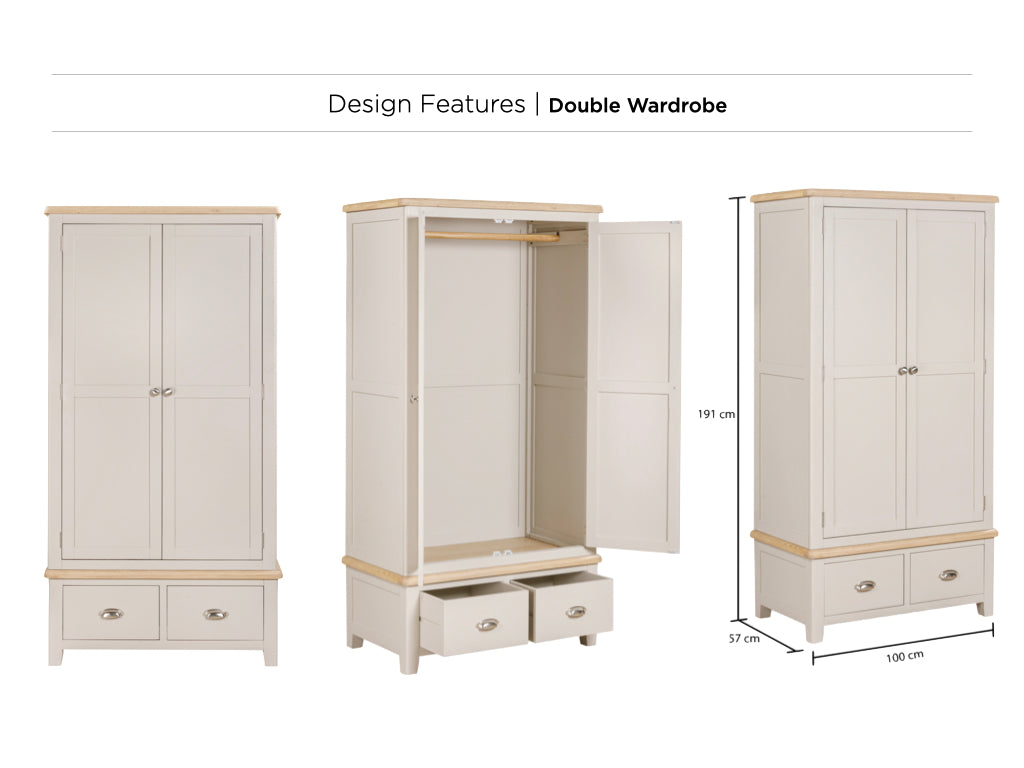 Windermere Double Wardrobe with 2 Drawers- Painted