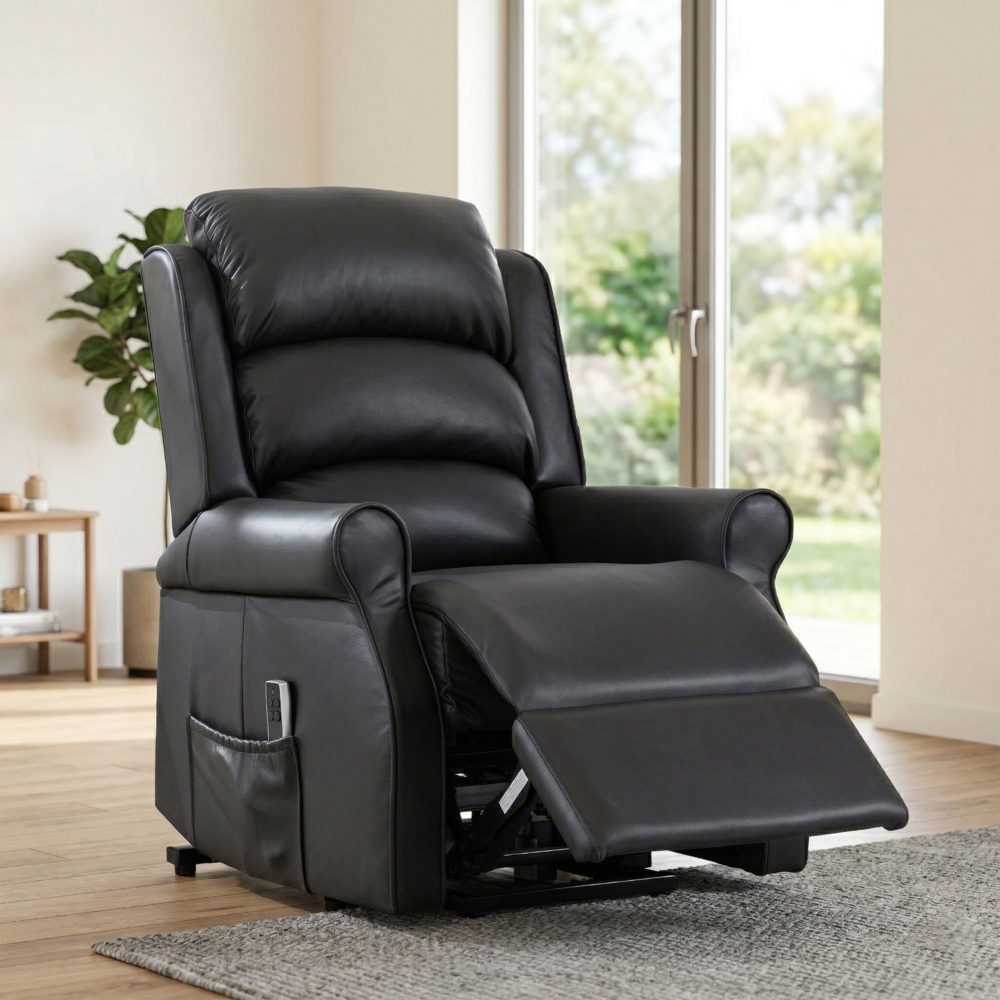 Windsor Black Leather Lift & Tilt Recliner - Dual Motor
Chair in a living room setting with a plant and window in the background.
