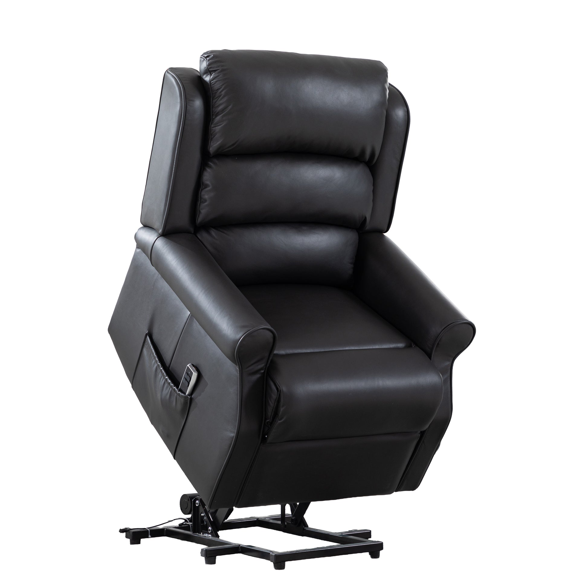 Black leather recliner chair on a white background