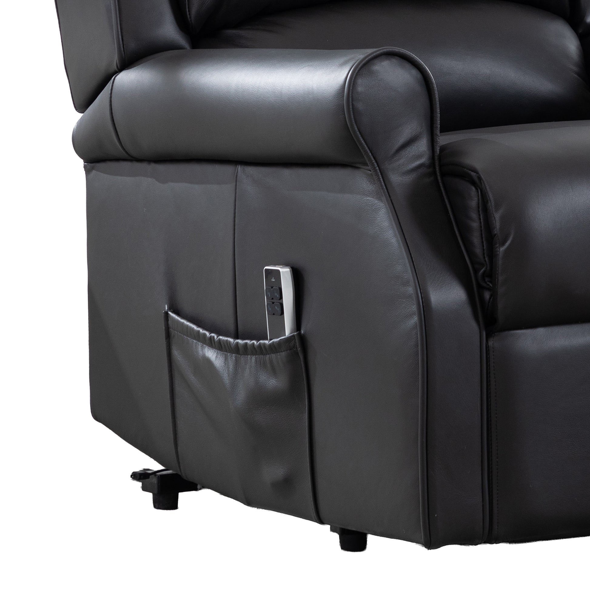 Black leather recliner chair with a remote control pocket on a white background