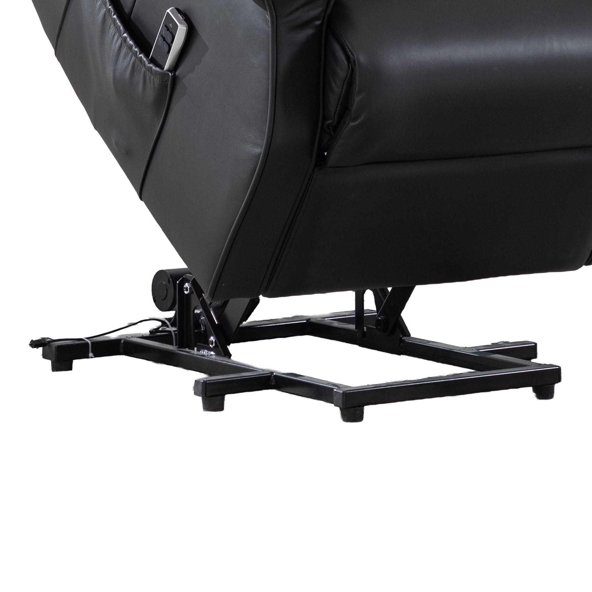 Windsor Black Leather Lift & Tilt Recliner - Dual Motor
 with a focus on the base and mechanism on a white background