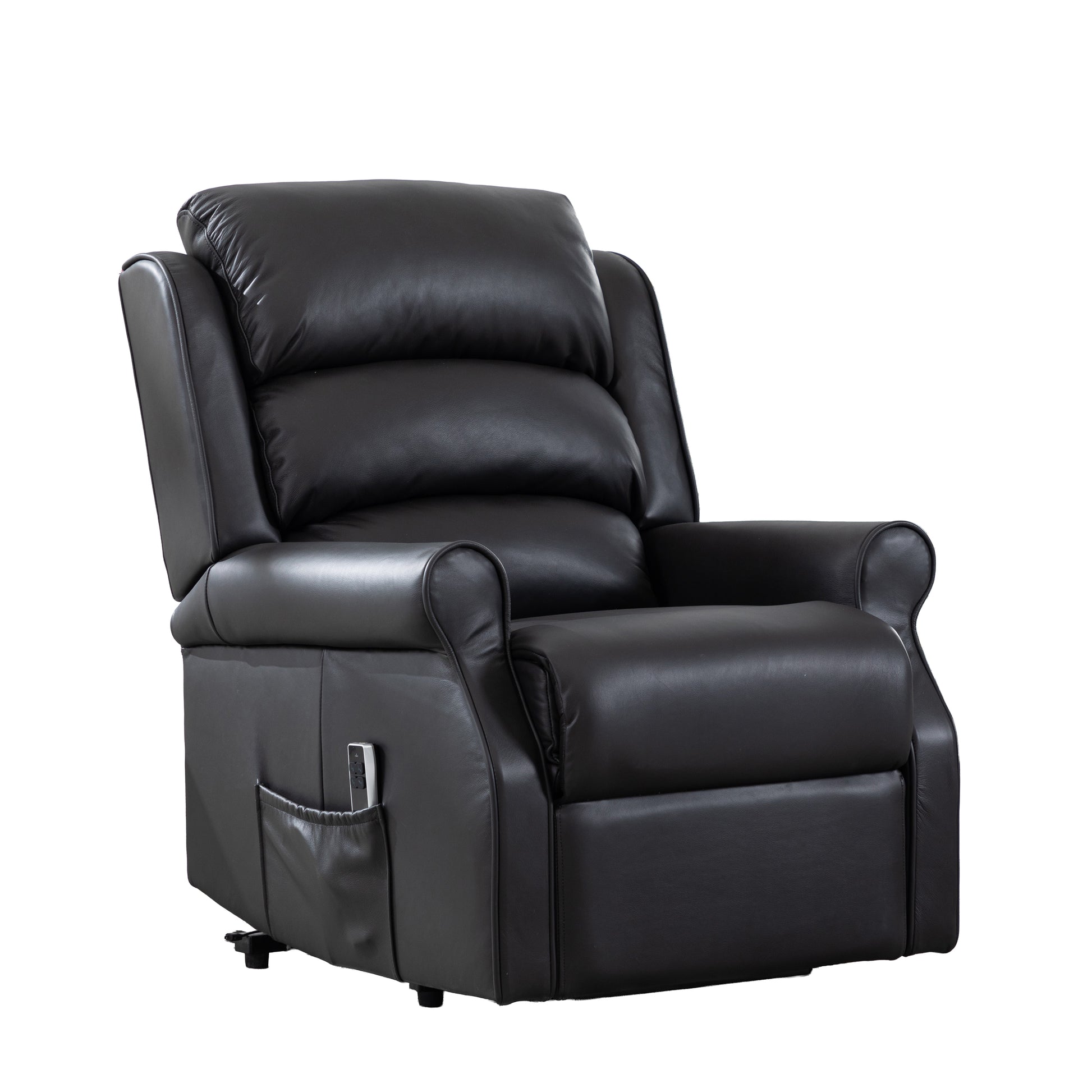 Black leather recliner chair on a white background