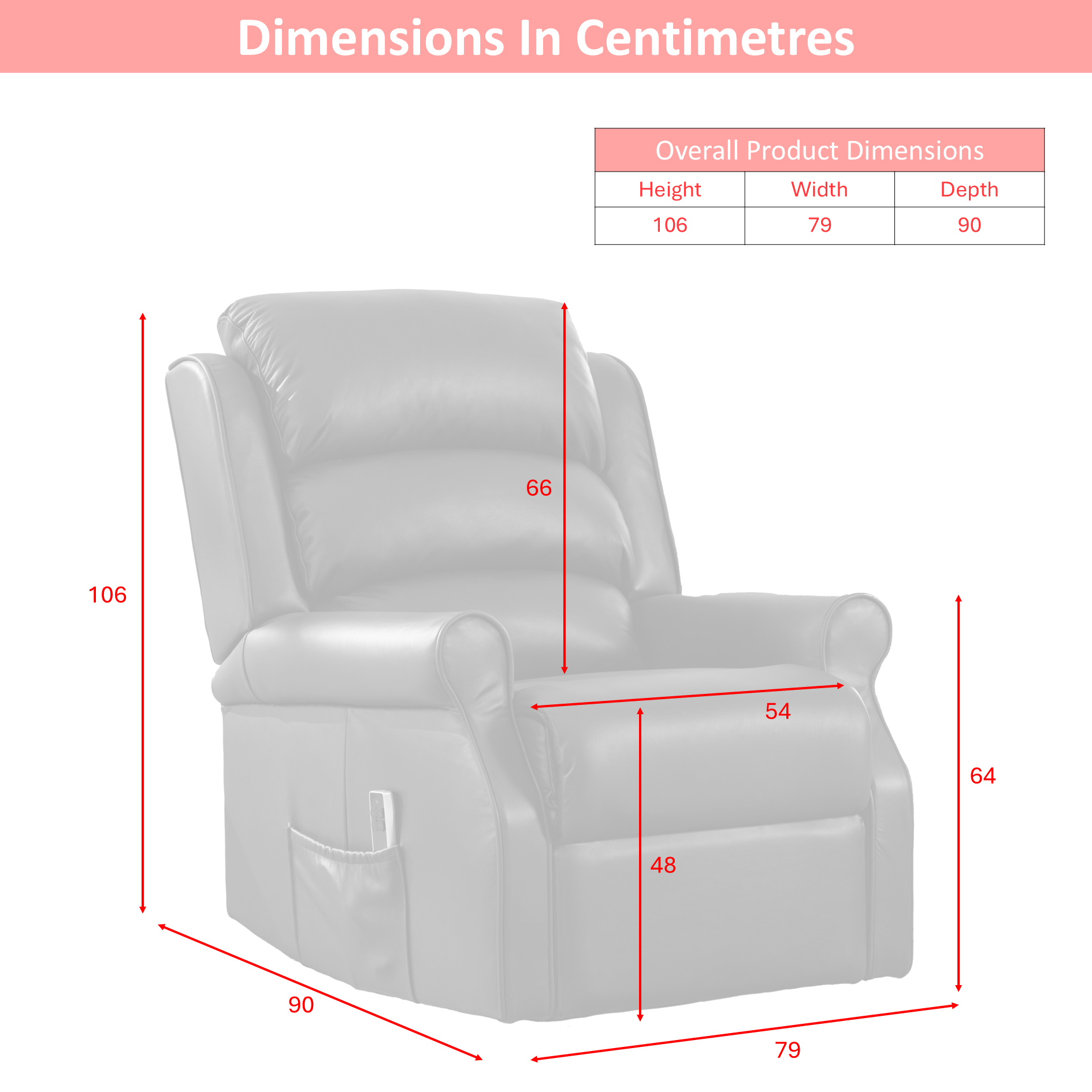 Windsor Black Leather Lift & Tilt Recliner - Dual Motor chair
with dimensions marked in centimeters on a white background