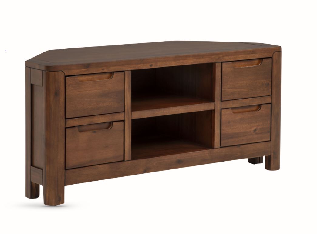 Monterey acacia corner TV unit, angled view