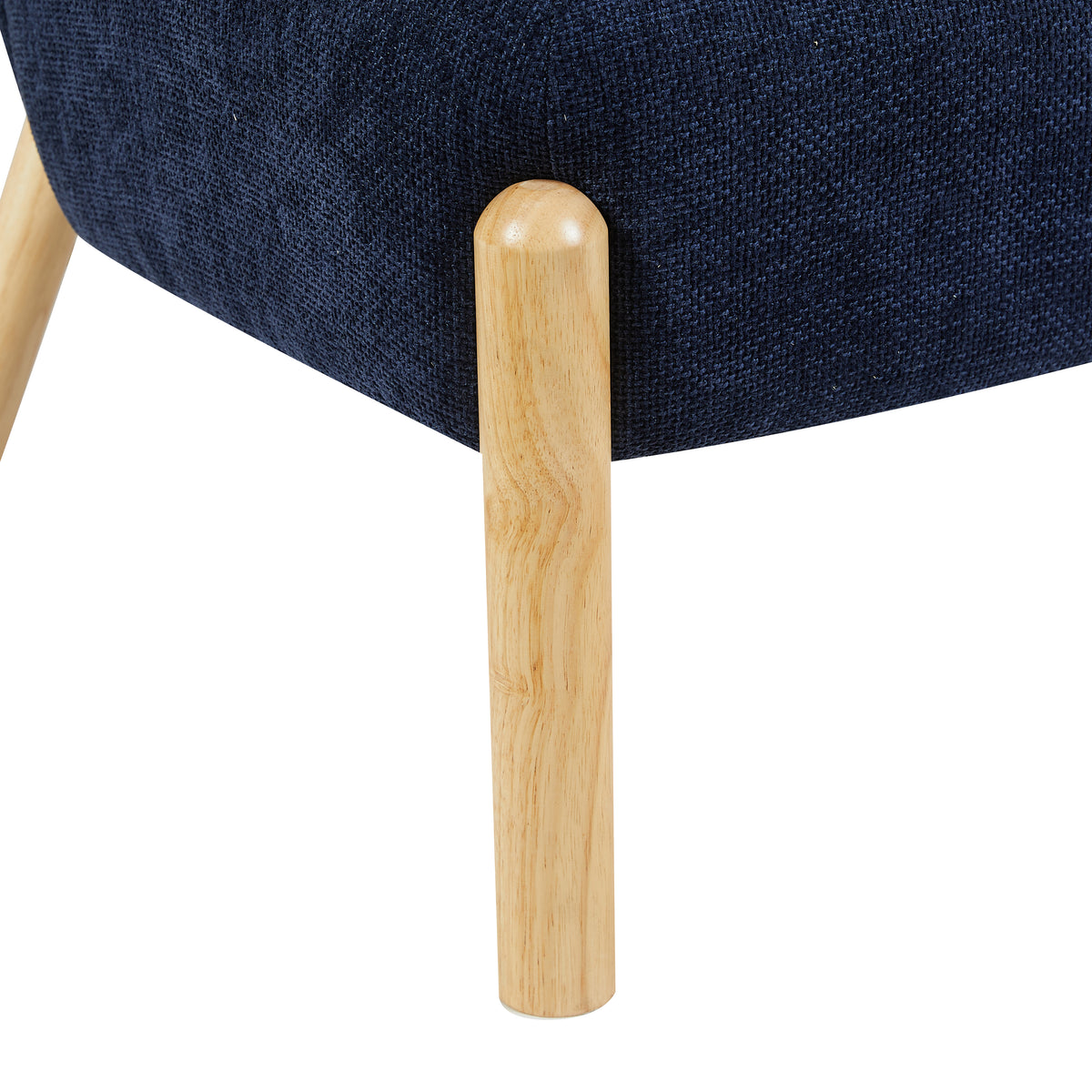 Alana in Denim Blue, wooden leg and upholstery detail