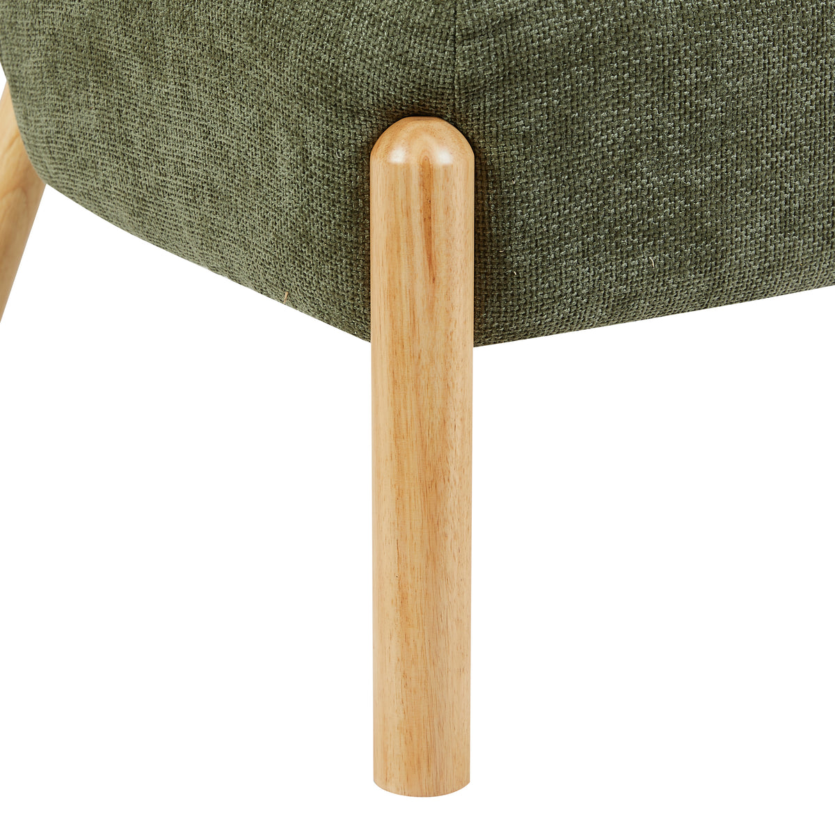 Alana in Moss Green, wooden leg and upholstery detail