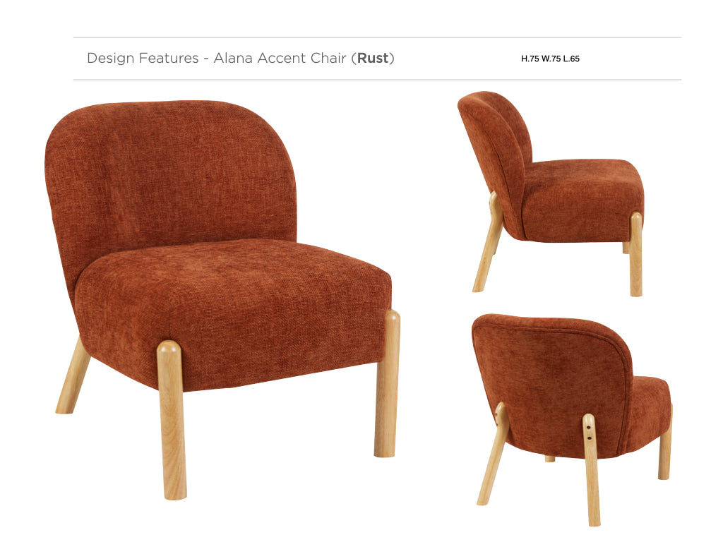 Alana in Rust, accent chair views and design details