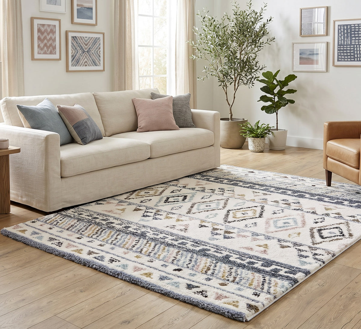 Alaska 1 115A cream geometric rug in a bright living room beside a cream sofa