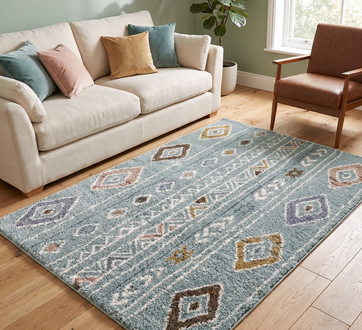 Alaska 2 104 Blue geometric rug on a wooden floor beside a cream sofa and brown armchair