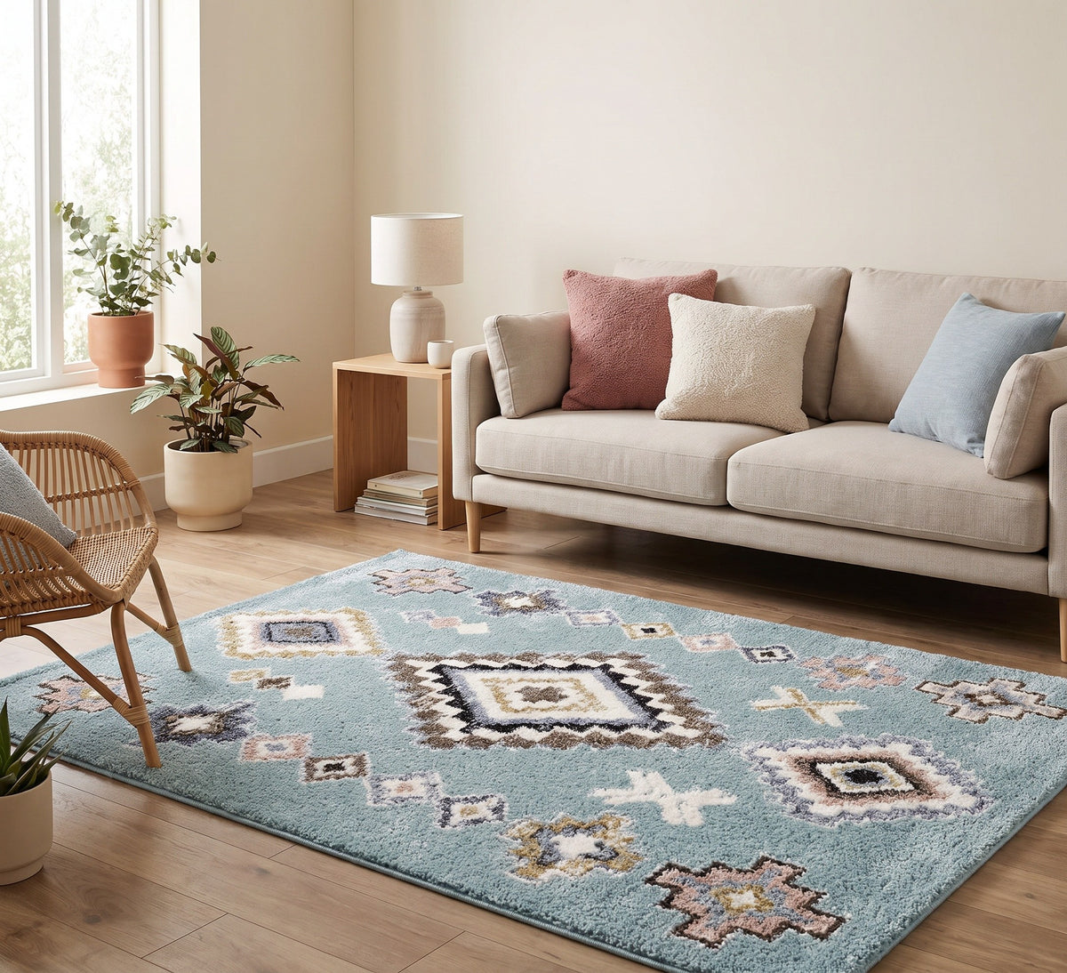 Alaska 3 123A blue geometric rug in a living room beside a cream sofa and woven chair
