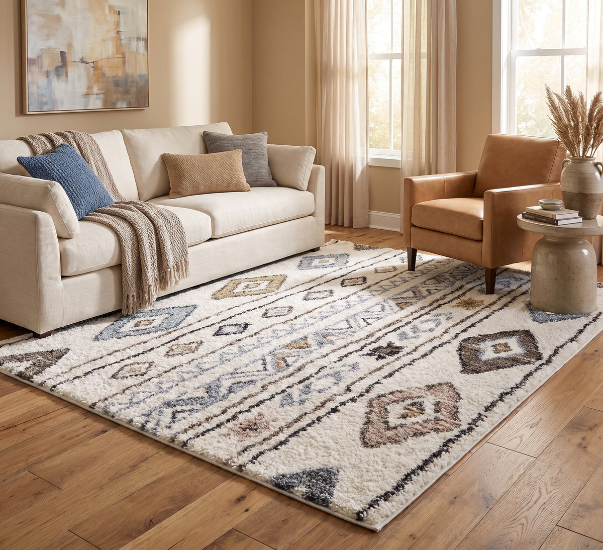 Alaska 5 104 White geometric rug in a living room beside a cream sofa and tan armchair