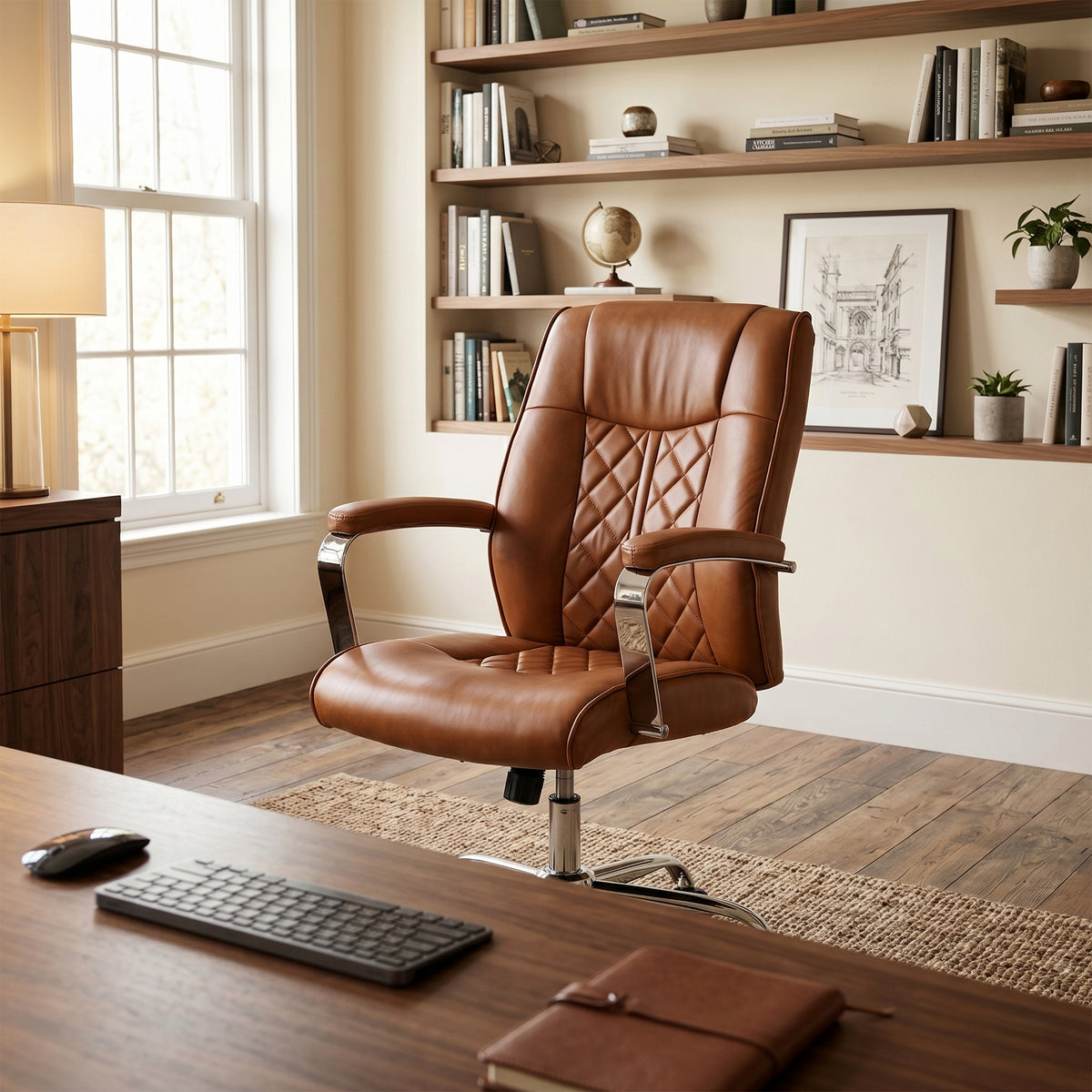 Ambassador Tan PU office chair, desk lifestyle view