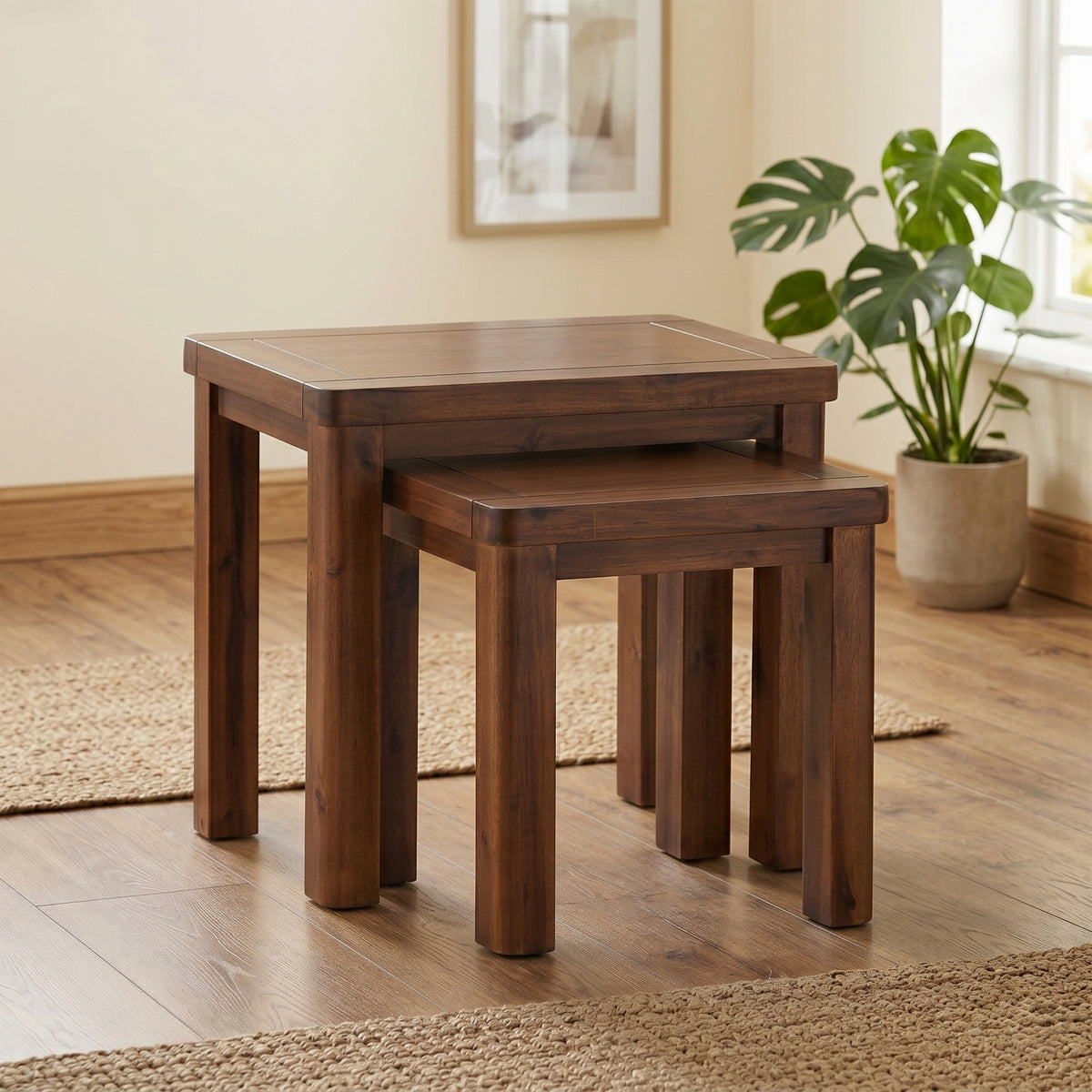 Andorra Acacia Nest of 2 Tables, room setting from an alternative angle