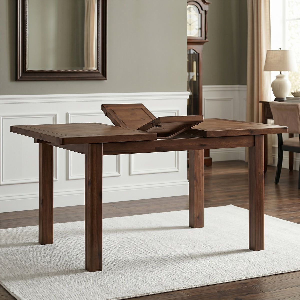 Andorra Acacia 120-150cm Butterfly Extending Dining Table, butterfly leaf opening in a room setting