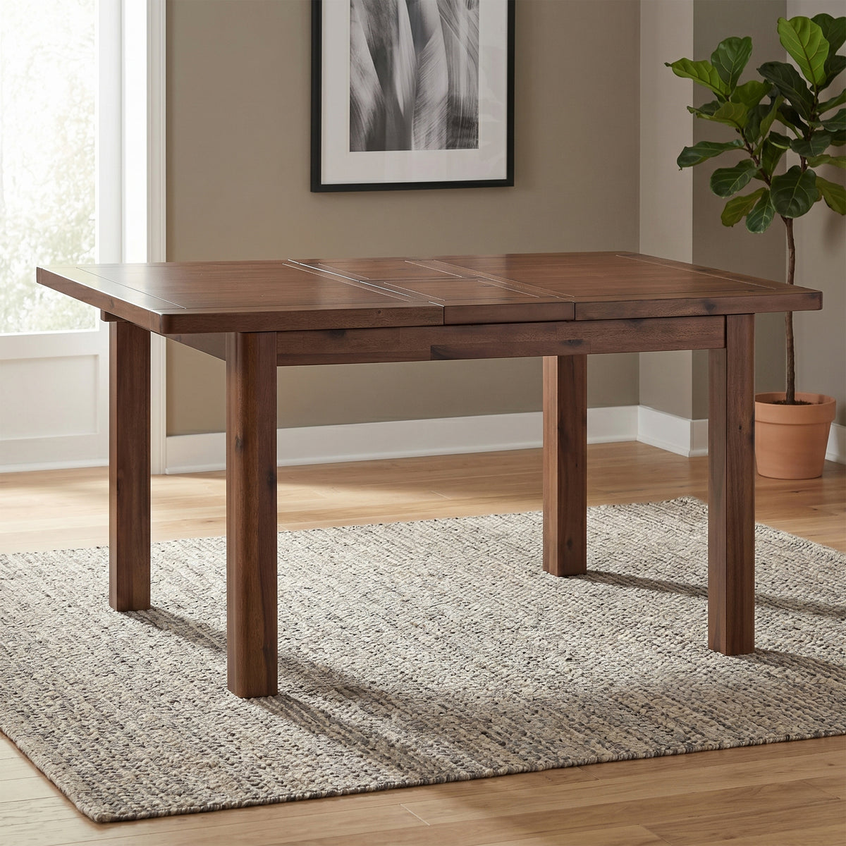 Andorra Acacia 120-150cm Butterfly Extending Dining Table, closed table in a room setting