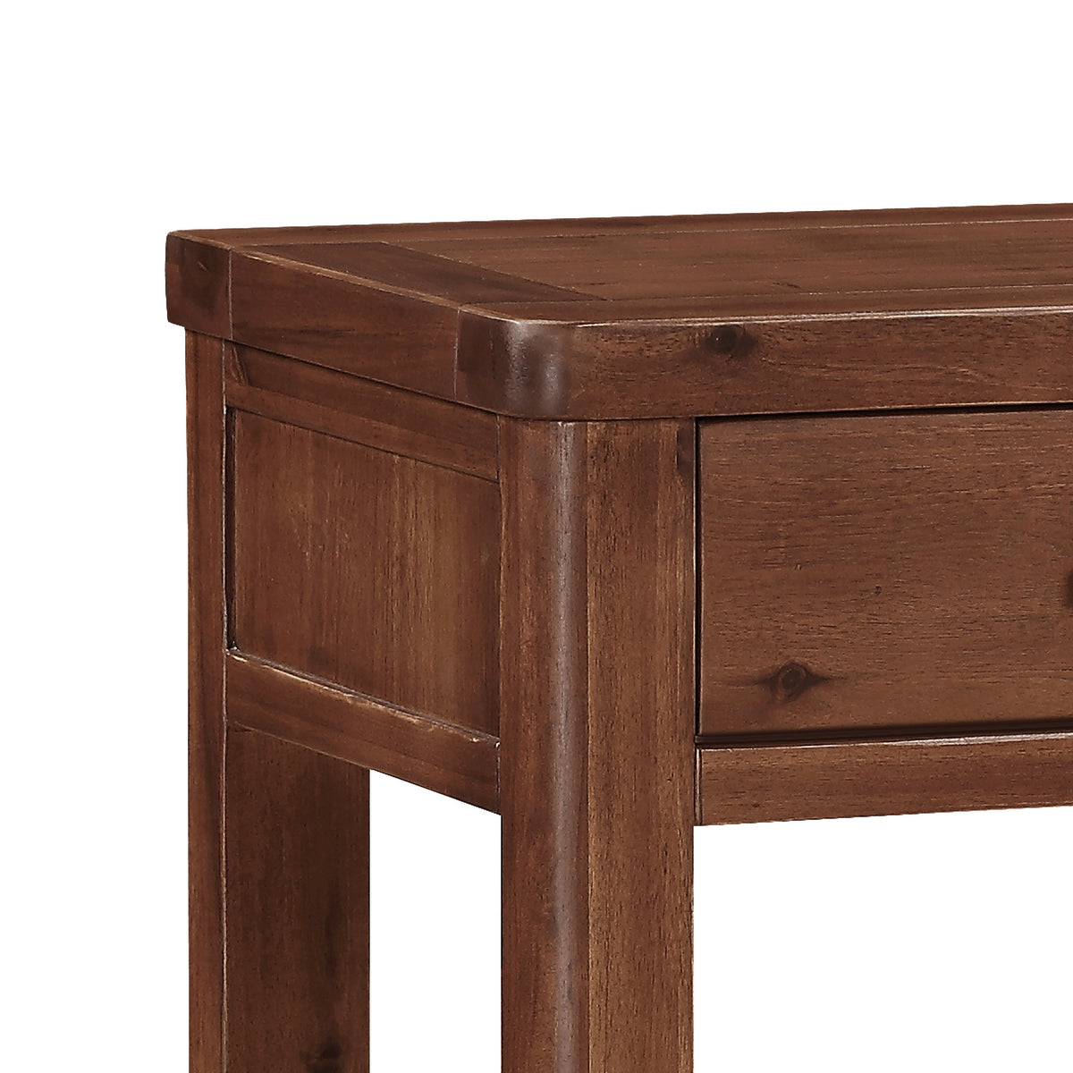 Andorra Acacia 1 Drawer Console Table, curved top and drawer detail