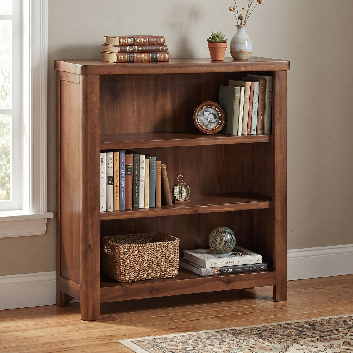 Andorra Acacia Low Bookcase, room setting
