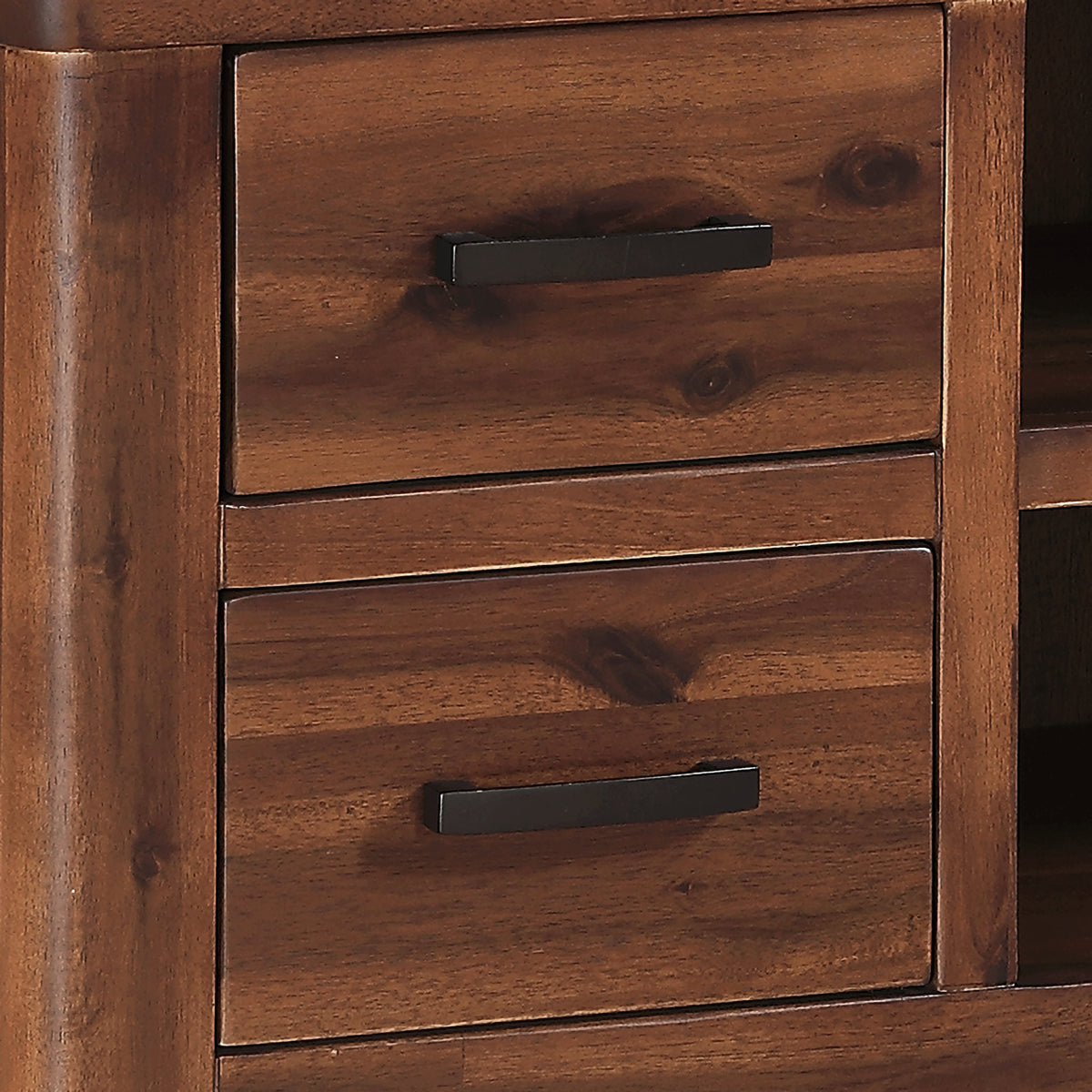Andorra Acacia Straight TV Unit, brass drawer pull detail