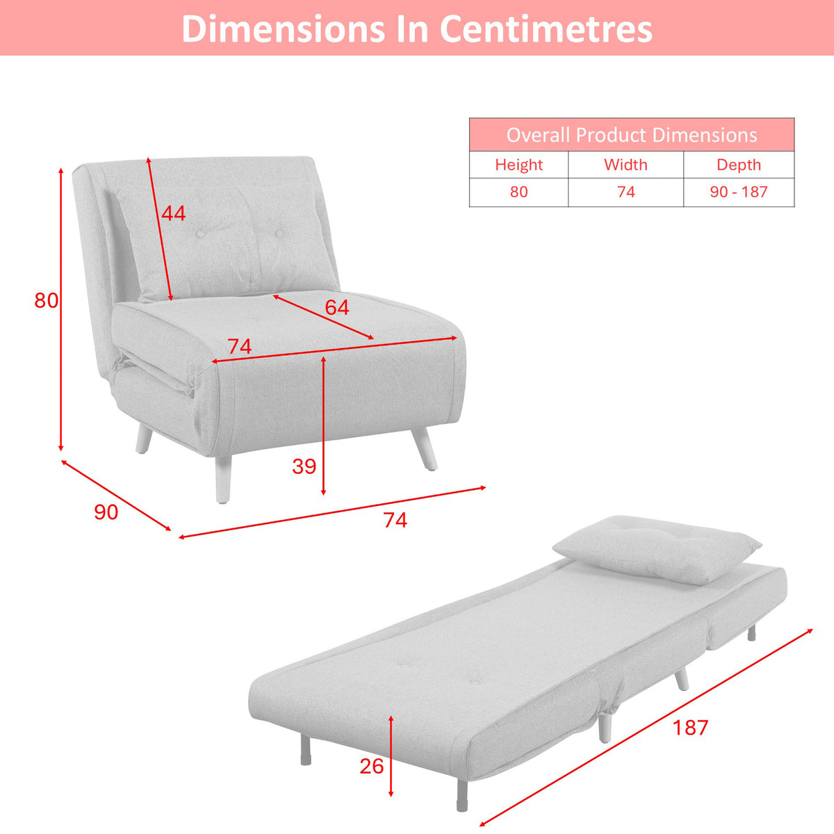 Freya chair bed dimension diagram, chair 74 x 90 x 80 cm and open bed 187 x 74 x 26 cm