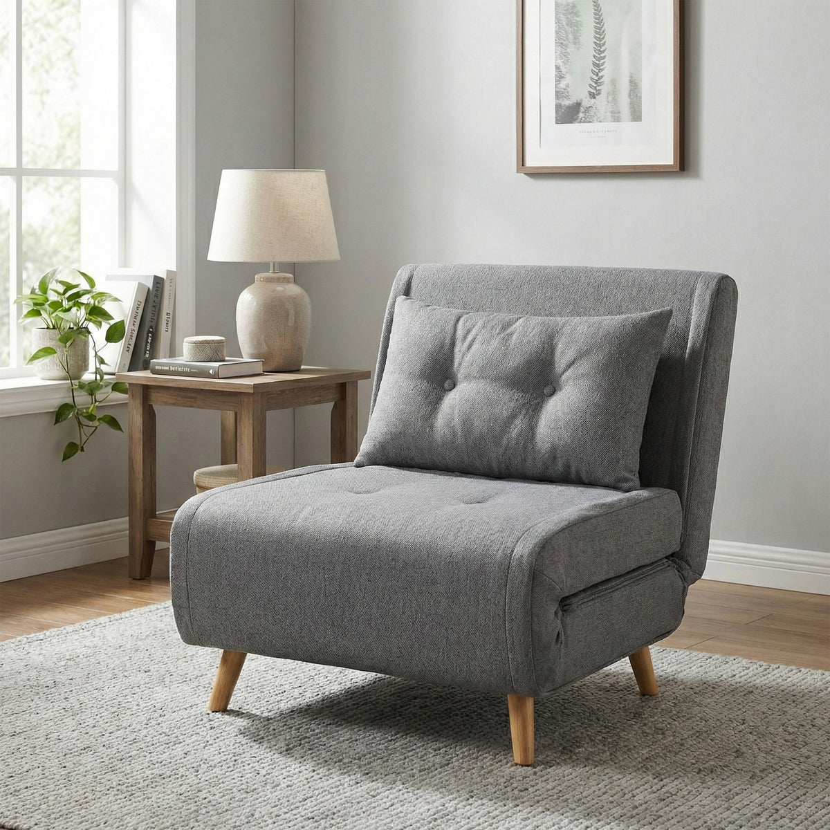 Freya Grey accent chair bed in chair position, lifestyle setting