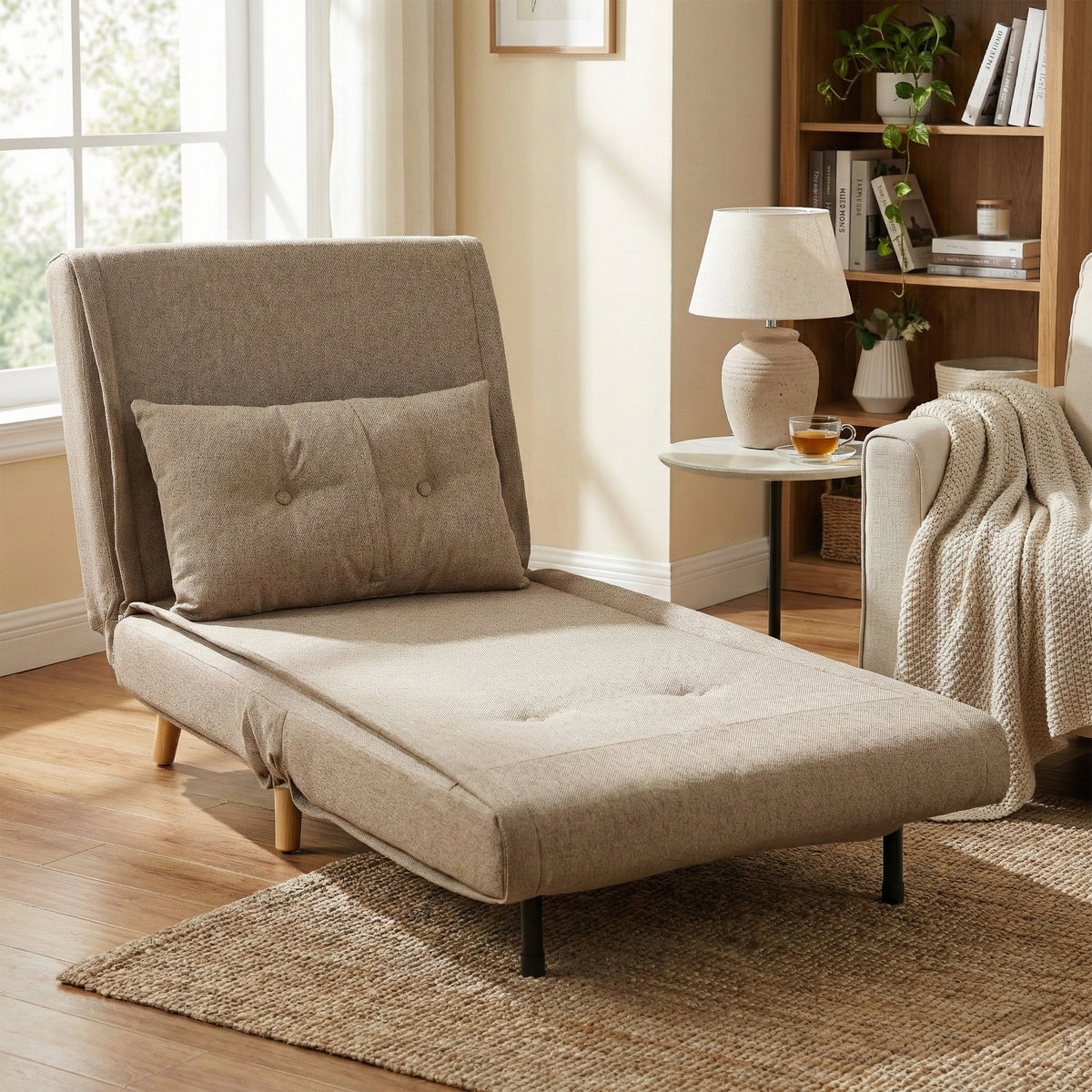 Freya Wheat accent chair bed in chaise position, lifestyle setting