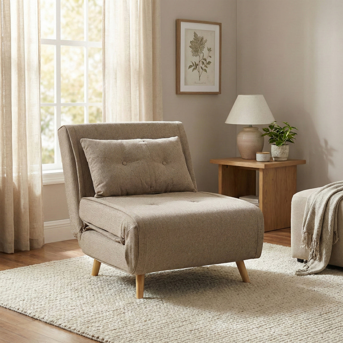 Freya Wheat accent chair bed in chair position, lifestyle setting