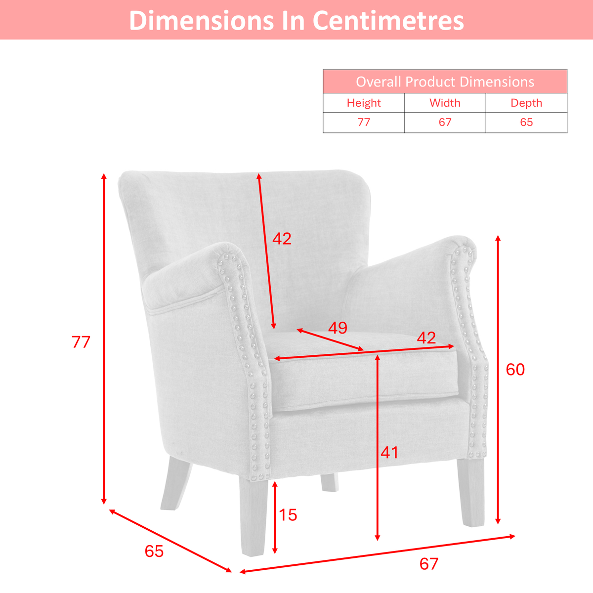 Harlow armchair dimension diagram, overall width 67 cm, depth 65 cm and height 77 cm