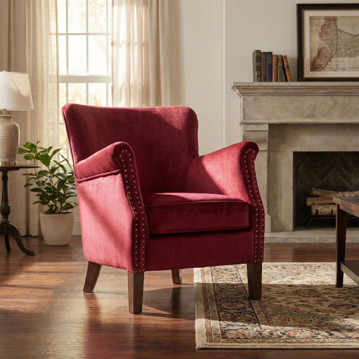 Harlow Bordeaux fabric armchair, main lifestyle