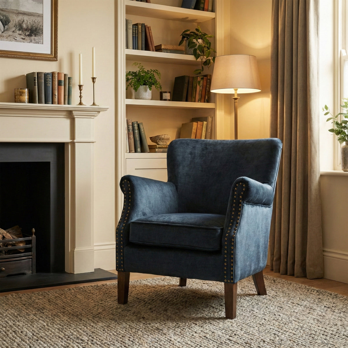 Harlow Deep Ocean fabric armchair, alternate lifestyle