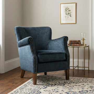 Harlow Deep Ocean fabric armchair, main lifestyle