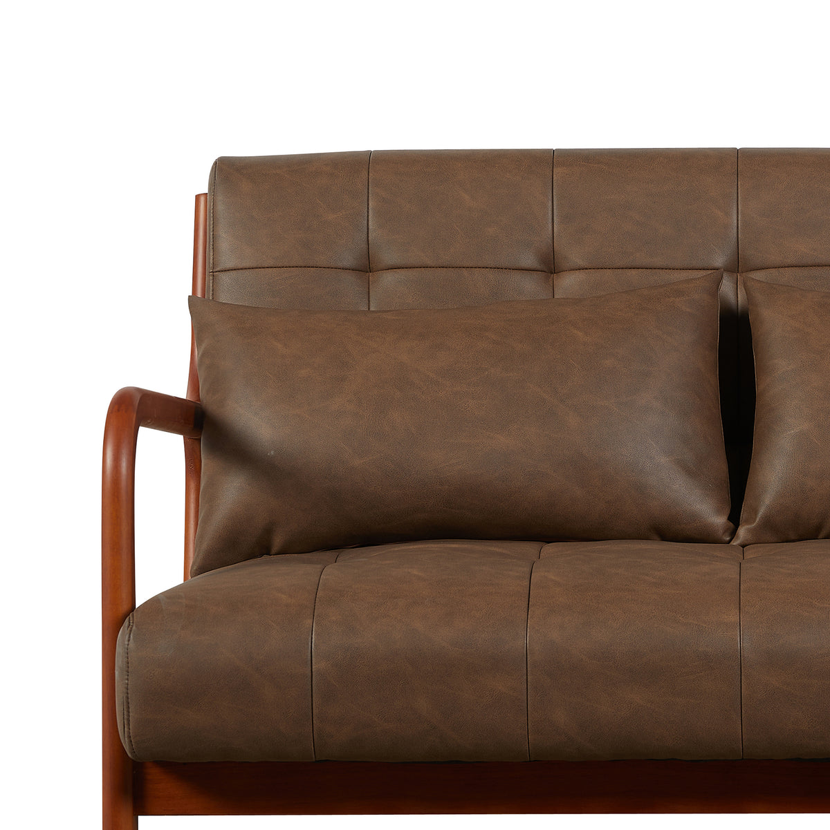 Juniper Brown PU 2 seater sofa, upholstery and cushion detail