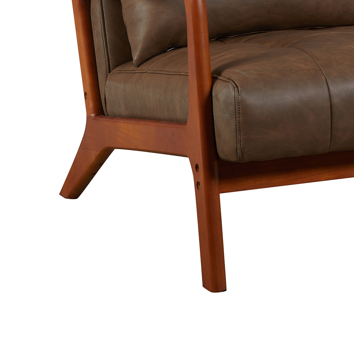 Juniper Brown PU 2 seater sofa, wood frame and leg detail
