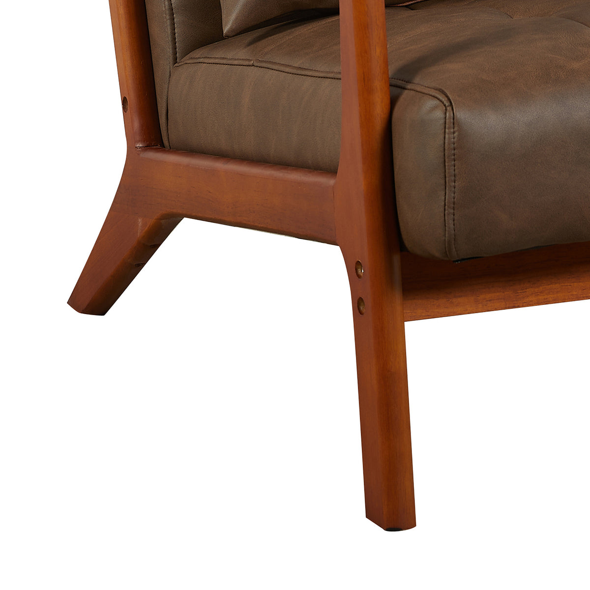 Juniper Brown PU accent chair, wood frame and leg detail